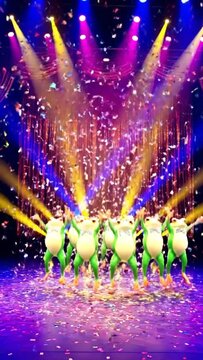Vibrant frog dance troupe on stage under colorful lights.