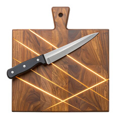 Wooden chopping block with glowing knife lines isolated on white background