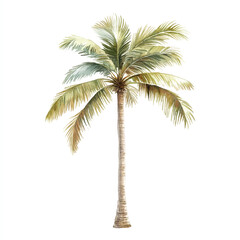 Watercolor painting of a tall slender palm tree with lush green fronds.