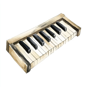Watercolor painting of a vintage piano keyboard with black and white keys.