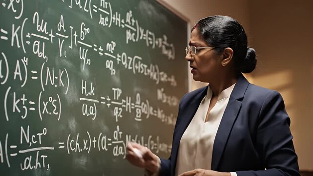 Stressed Academic Facing Equations - A frustrated female academic stands in front of a blackboard covered in complex equations, looking bewildered.
