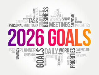 Fototapeta premium 2026 Goals colorful text on a business word cloud background. This design highlights personal priorities, task management, and professional planning for a successful upcoming calendar year