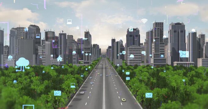 Smart city wireless network signal over futuristic cityscape. Technology Related 3D 4K Animation.