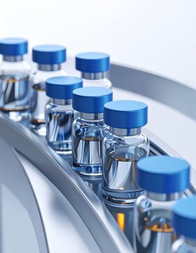 Vials of vaccine or medicine on a production line, symbolizing pharmaceutical manufacturing and healthcare innovation.