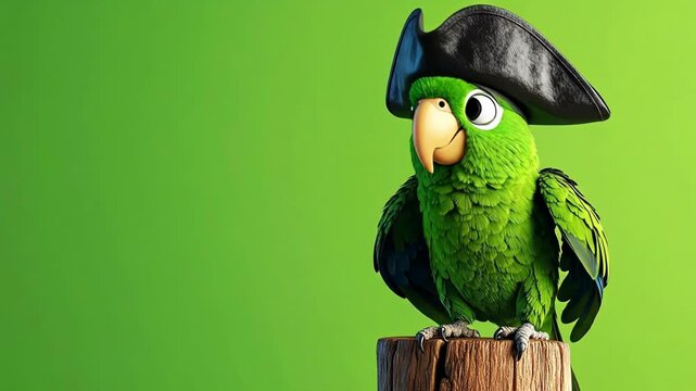 Cute Pirate Parrot Cartoon Character on Green Background