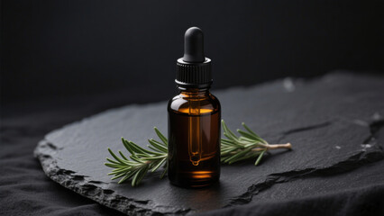 Amber glass dropper bottle with essential oil placed on dark stone surface, accompanied by a fresh rosemary sprig under soft directional lighting