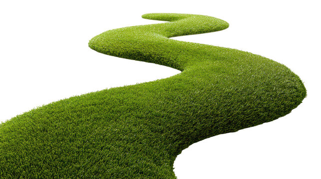 Winding green path strip with turf like texture, serpentine S curve bends and gentle shading that suggests slight elevation changes, clean cutout isolated on transparent background.