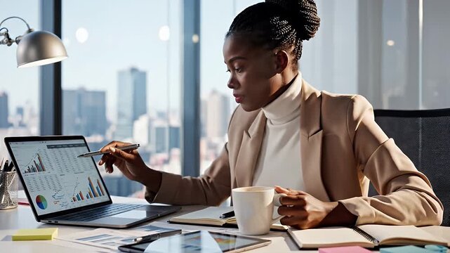 Thoughtful Young Woman in Modern Office - A young woman with braids sits at a modern office desk, holding a coffee mug and pen, appearing thoughtful.