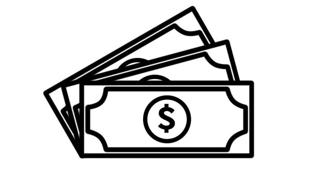 Line art dollar bill icon multiplying into a stack of cash. Financial animation representing wealth, payment, banking, and economic growth.