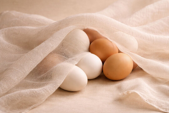 Brown and white eggs under translucent fabric on neutral surface. Soft folds, gentle light, natural palette, quiet domestic mood, tactile seasonal still life. Easter concept.