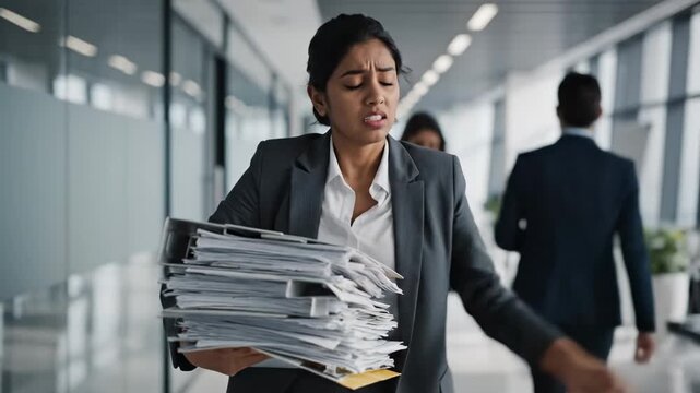 An Indian professional woman walks through a modern office corridor, visibly distressed under the immense weight of a huge stack of documents, reflecting the overwhelming pressures and exhaustion of a