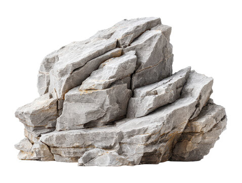 Hyper realistic jagged limestone rock pile with sharp fractured edges, layered strata, subtle dust and micro cracks, natural gray tones with warm highlights isolated on transparent background.