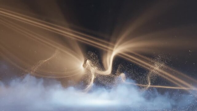 A mesmerizing display of lightning illuminated against a dark background with glowing cream and brown trails in the air.