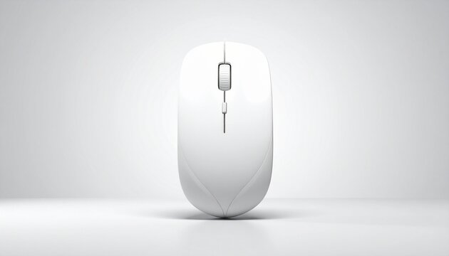 Minimalist white wireless mouse on light gray surface, symmetrical shape with scroll wheel and two buttons, designed for ambidextrous use, clean and modern tech aesthetic.