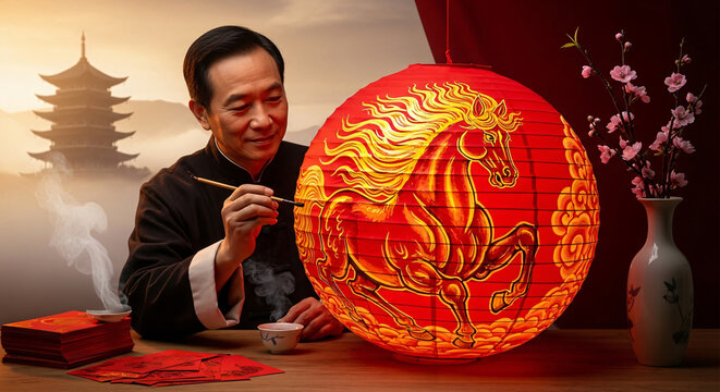 Artist paints a golden horse on a red Chinese lantern tradition and celebration Chinese new year lun
