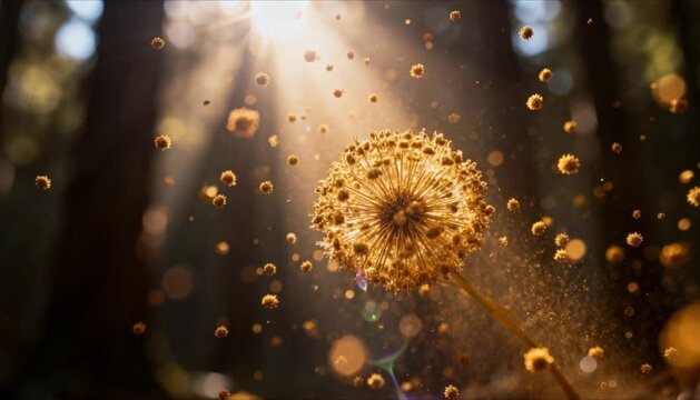 slow motion golden pollen particles in dark forest perfect for spring equinox