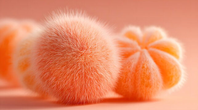 Fuzzy orange segments with soft fur texture on pastel background