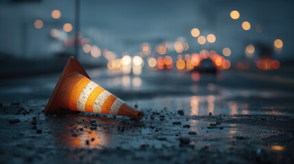 Overturned orange traffic cone lies on a wet asphalt road at night