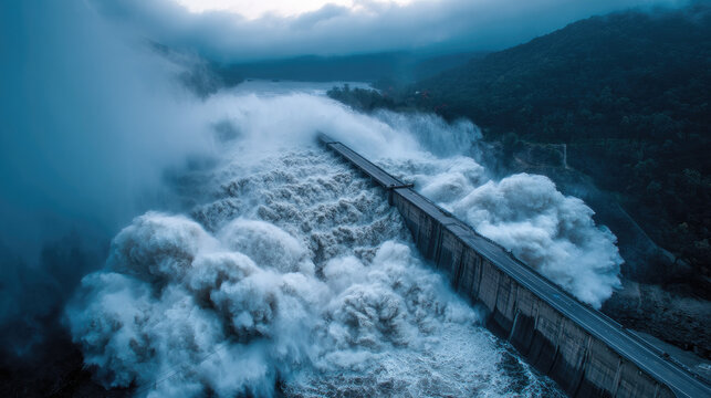 Massive water surge from dam spillway in destructive flow