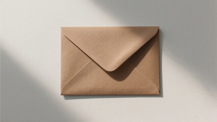 A closed brown paper envelope centered on a neutral light gray background, featuring clean lines and soft shadows for a minimalist, elegant composition