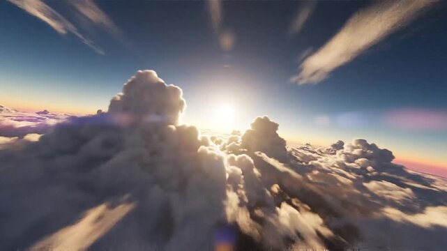 Sun rays piercing dense clouds from high above, warm glow across pink-blue sky