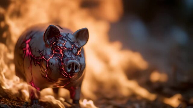 24Dramatic close-up of a piggy bank burning in fire, intense orange and red flames wrapping around the figure, cracked ceramic surface, dark smoky atmosphere, powerful financial cris