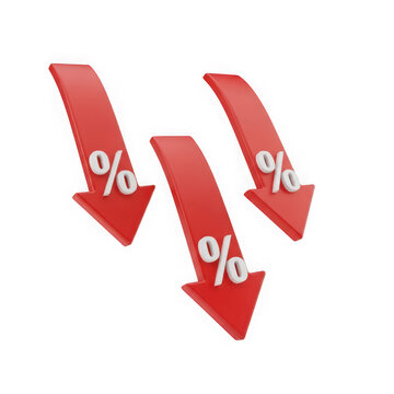 Red percentage down arrows icon representing decrease discount loss isolated on transparent background