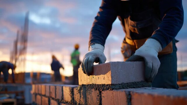 99Worker&rsquo;s hands in heavy gloves placing a brick precisely on a mortar-covered wall, warm evening light softens the scene, background shows blurred construction site silhouettes, rea