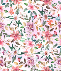 Fototapeta premium Seamless romantic watercolor floral pattern with pink and purple blossoms on a soft background.