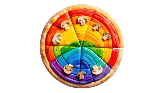 Rainbow colored wheel with seven sections and small circular objects, viewed from directly above, circular motion, J (2153).png