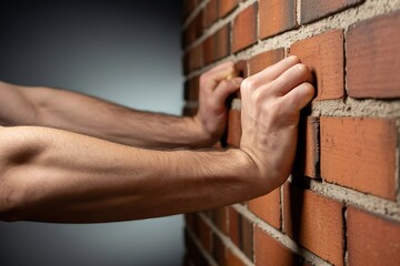 Hands pushing against brick wall. Physical resistance