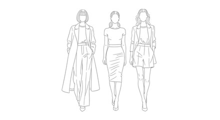Fashion illustration of three models on a white background.