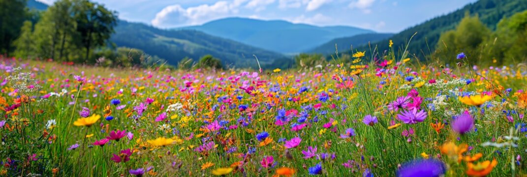 Colorful wildflowers blooming in mountain meadow field. Colorful wildflowers blooming profusely across a vibrant meadow with blurred mountains in background