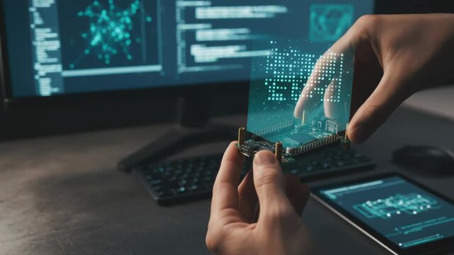 Ai developer programming coding technology hologram circuit board concept dark and modern office lab with computer screen and innovative digital