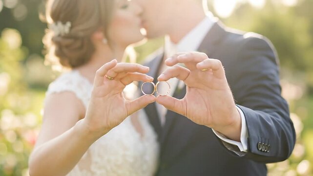 Bride and groom holding wedding rings together symbolizing love marriage commitment and unity