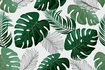 Tropical Seamless Pattern with Monstera and Palm Leaves in Hand Drawn Graphic Style. Hand-drawn vector illustration © andrei