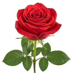 Fototapeta premium Single vibrant red rose with green leaves isolated on white background