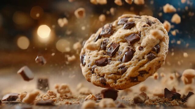 135Slow-motion style shot of a chocolate chip cookie in mid-air, crisp edges and gooey chocolate chips visible, crumbs suspended around it, warm bakery lighting enhancing texture and