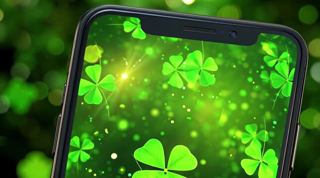 A green smartphone screen with green clover leaves.
