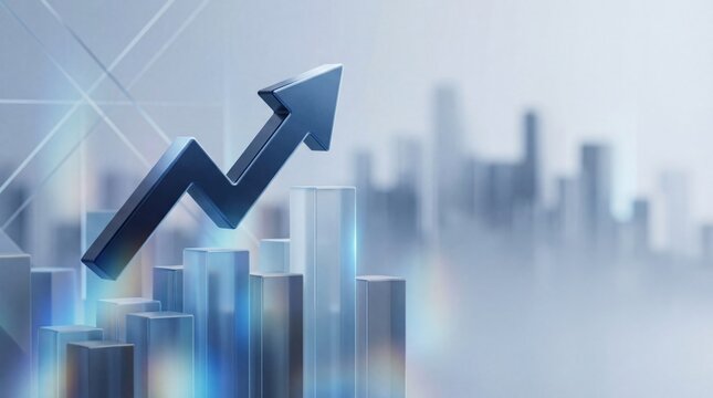 Abstract financial background illustrating rising interest rates with an upward arrow and soft chart shapes. Concept of inflation, economy, monetary policy, investment risk, and market trends. 