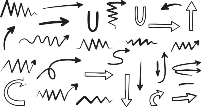 A collection of various hand-drawn black arrow doodles and squiggly lines on a white background, illustrating different directions and styles.