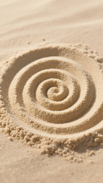 A spiral pattern drawn in fine golden sand, showcasing smooth curves and soft texture under natural light on a beach surface