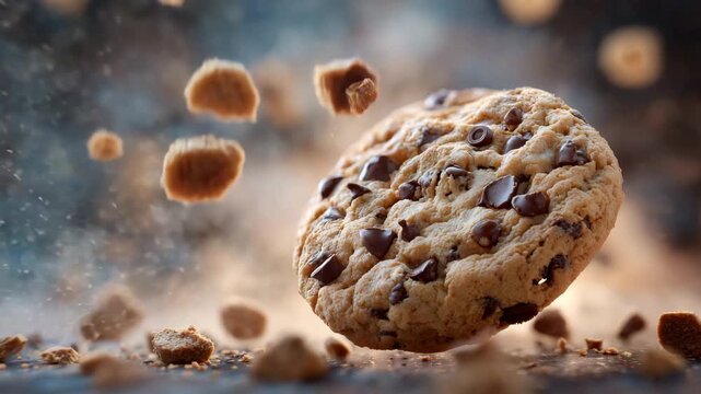 142Chocolate chip cookie floating against a softly blurred background, crumbs frozen mid-motion, warm highlights emphasizing texture and freshness, comforting sweet treat visual