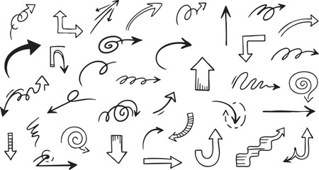 Fototapeta premium A diverse collection of hand-drawn doodle arrows pointing in various directions and styles, perfect for graphic design.