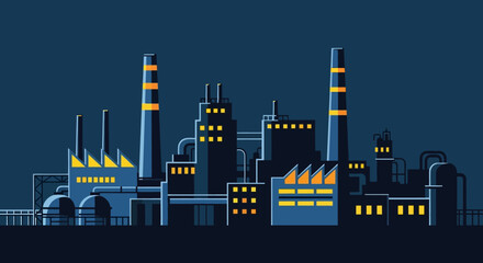 Obraz premium Industrial complex illustration at dusk with factories and smokestacks emitting flames and smoke