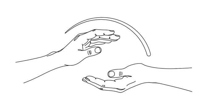 Simple line drawing of two hands exchanging coins.