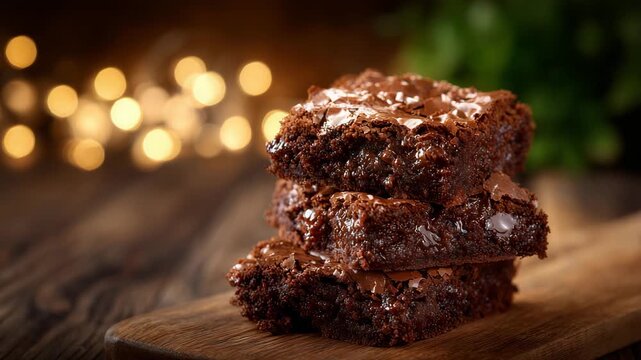 152A tempting stack of freshly baked chocolate brownies, rich dark surface glistening under soft warm lighting, fudgy layers visible at the edges, cozy bakery atmosphere inviting indu