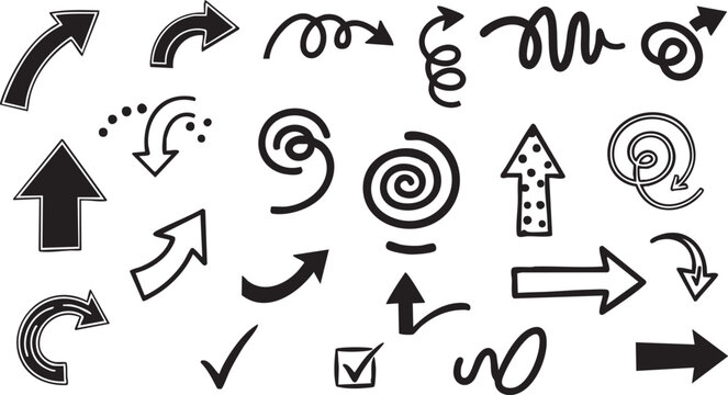 A diverse collection of black arrows and checkmarks in various styles and directions, including hand-drawn, solid, and outlined designs.