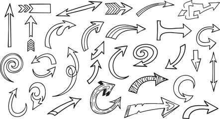 Fototapeta premium Collection of various hand-drawn doodle arrows pointing in different directions and styles.