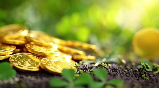 St. Patrick's Day. Green background of green clover leaves and falling gold coins.